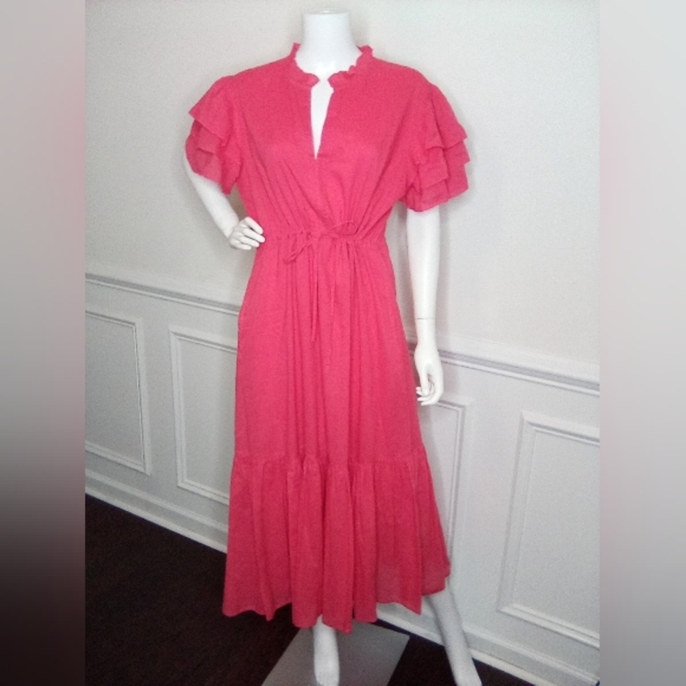 Olivia James The Label Delia Pink Plunge Neck Flutter Sleeve Maxi Sundress